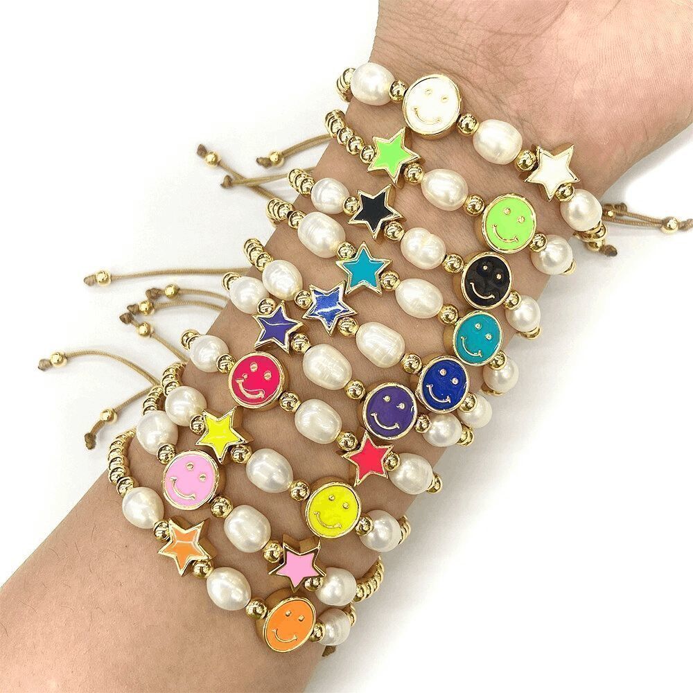 Gold Beaded Black Enamel Happy Face Bracelet